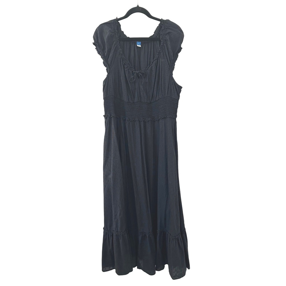 Old Navy Womens XL Black Swiss Dot Smocked Tiered Maxi Dress Cottagecore Boho